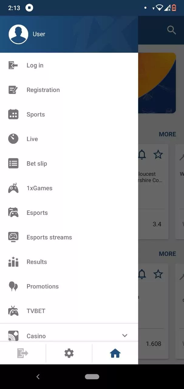 Main Menu in 1xBet App.