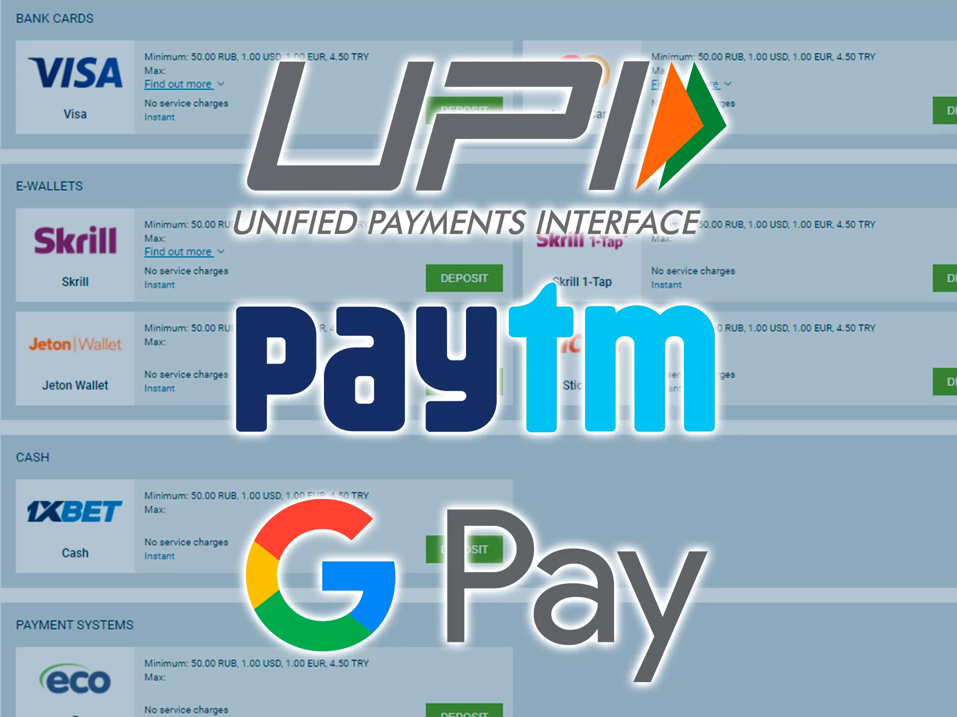 UPI, PayTM and Google Pay are the most popular and convenient methods for Indina players.