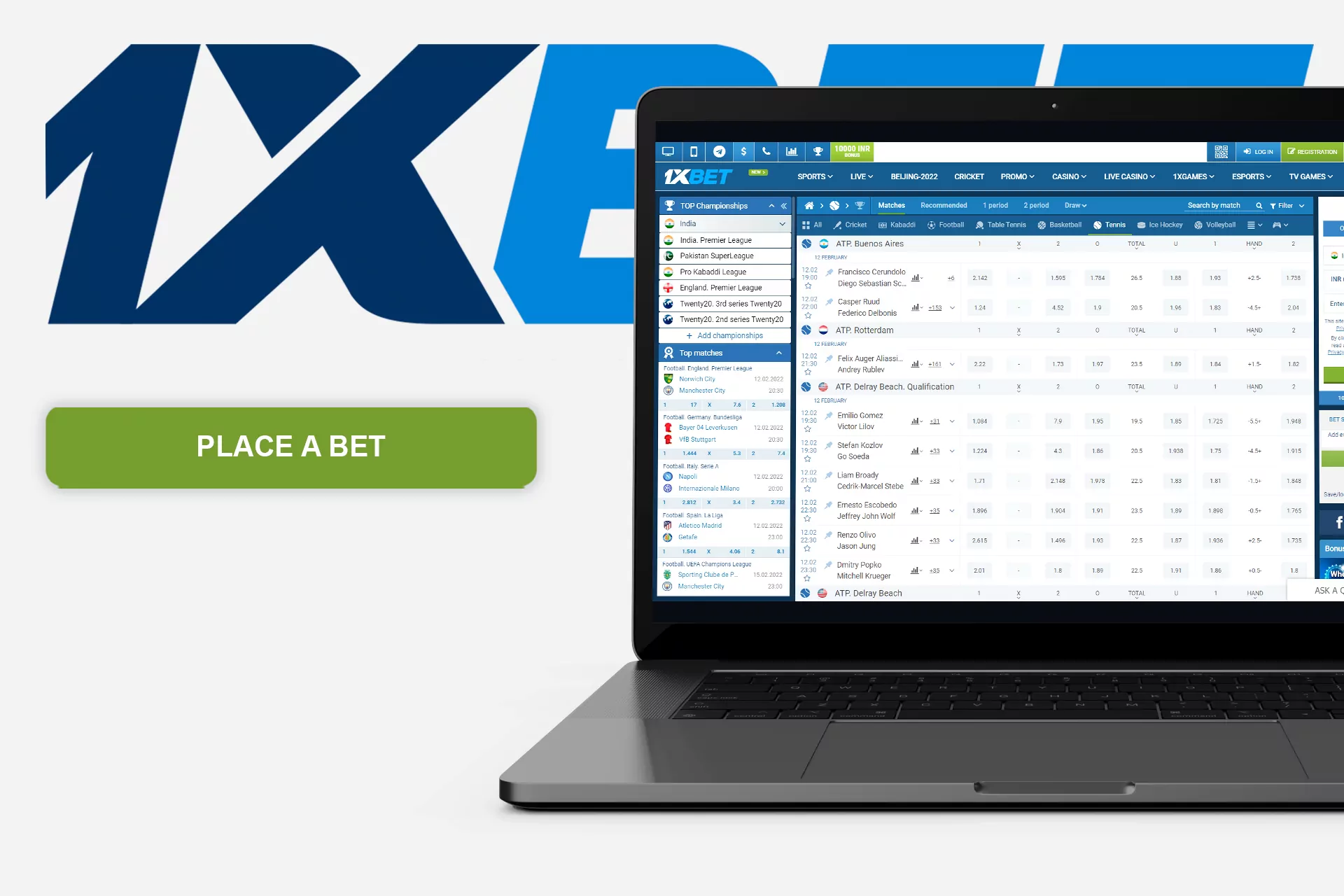To start placing bets on tennis, sign up or log in to 1xBet.
