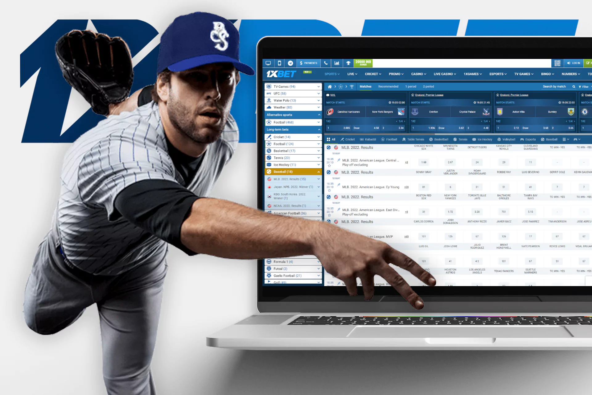 Make your first baseball bet after registering your 1xBet account.