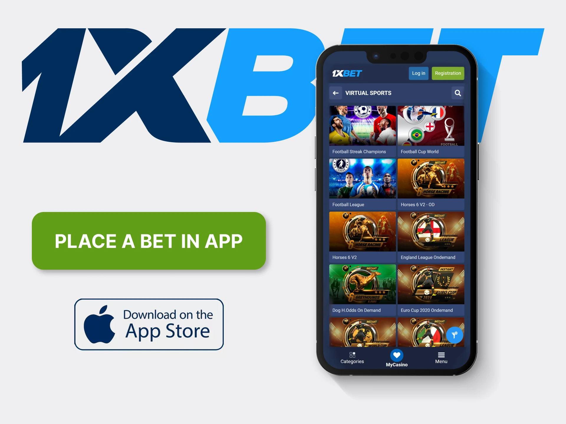Install the 1xBet virtual sports betting app on your iOS phone.
