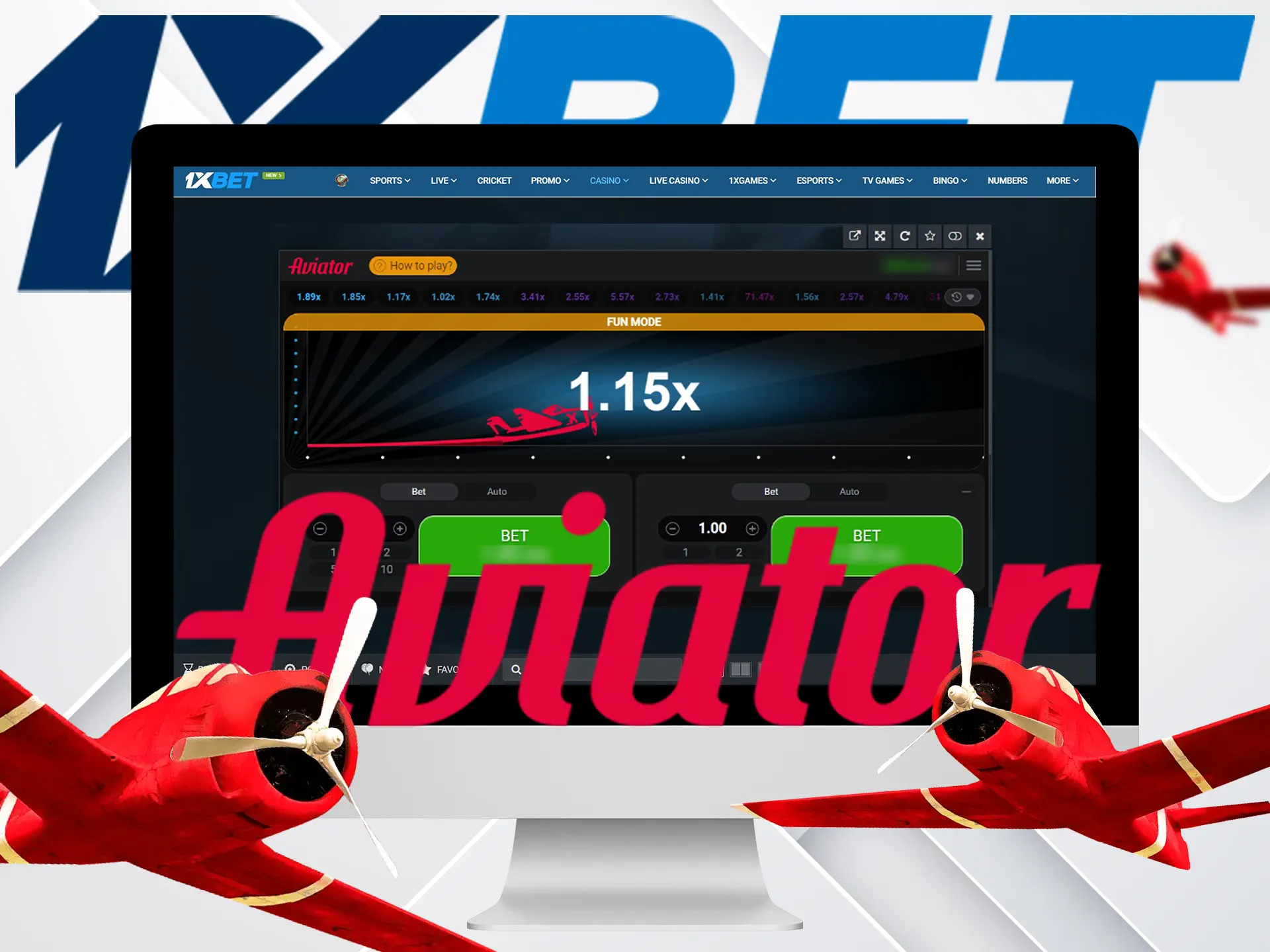 The official 1xBet website features a demo version of the Aviator game.